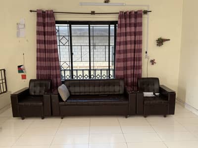 3-Seater + 2 Single Sofas Set (Brown Leather with Glass Arm Tables