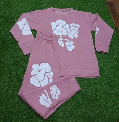 2 Pcs Women's Stitched Fleece Printed Sweatshirt Tracksuit