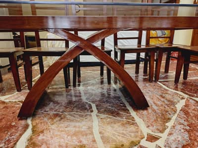 Wooden Dinning Table with 12 chairs and 12mm glass top