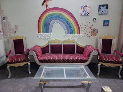 2 silver line Sofa sets 2+1+1 with glass tables+3wooden sofa sets2+1+1