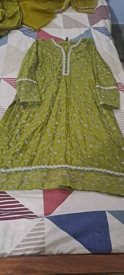 Long shirt and plazo and organza dupatta by brand Ethnic