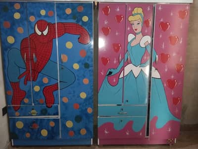 kids Barbie doll bed and boy Spider-Man bed and almari