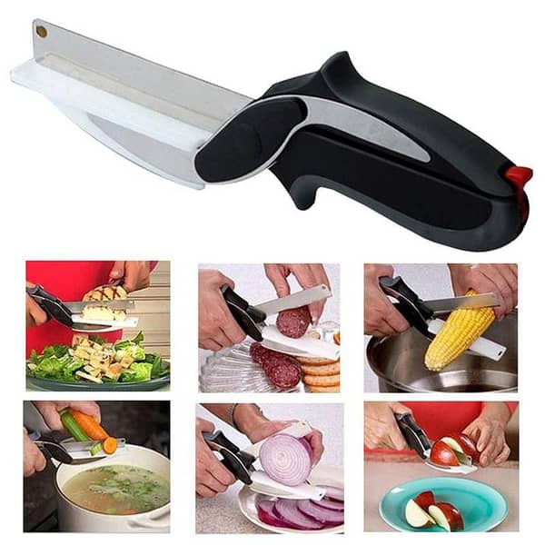 Clever Cutter Premium Quality 2 in 1 Kitchen Knife Scissor with Spring Locking Hinge and Chopping Board, Fruit and Vegetable Cutter