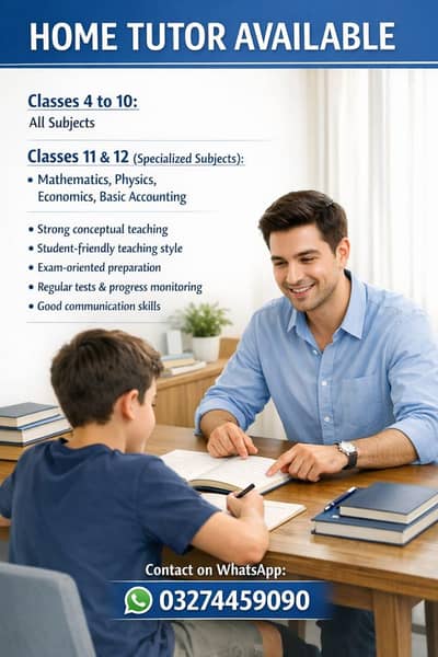 Experienced and qualified home tutor available for classes 4 to 12