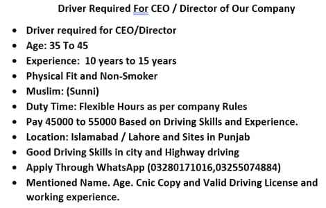 Driver Required For CEO / Director of Our Company
