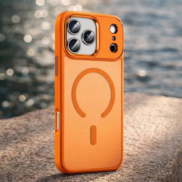 Matte MagSafe case for the iPhone 17 Pro Max in orange.