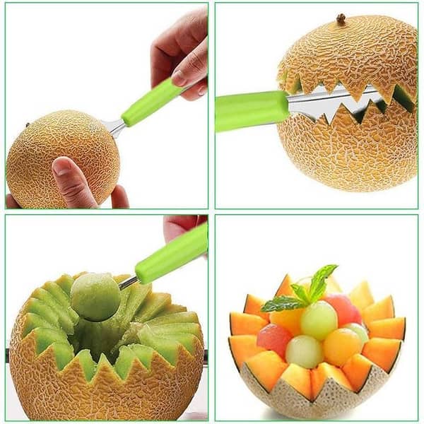 2 in 1 stainless steel melon baller kitchen cut watermelon carving knife double side fruit digging spoon ice cream platter spoon