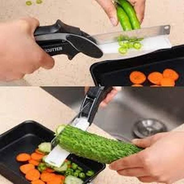 Clever Cutter Premium Quality 2 in 1 Kitchen Knife Scissor with Spring Locking Hinge and Chopping Board, Fruit and Vegetable Cutter