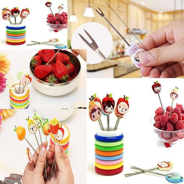 Fork Set Plastic Cartoon Shape Stainless Steel Stick Fruit Salad Fork Set with Round Stand Fork Holder for Cute Kids Gift Item Fruit Fork 8 pcs, Multi Colored