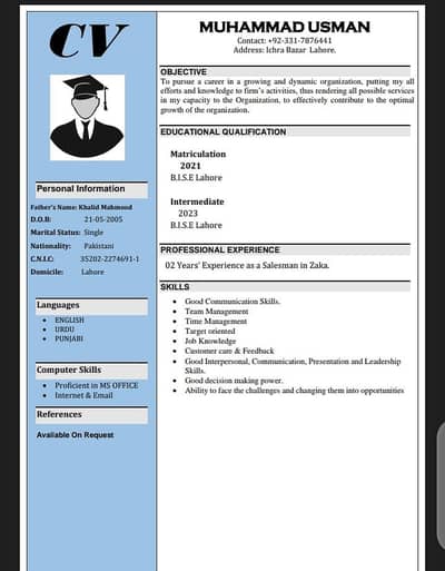 I need a job 03317876441