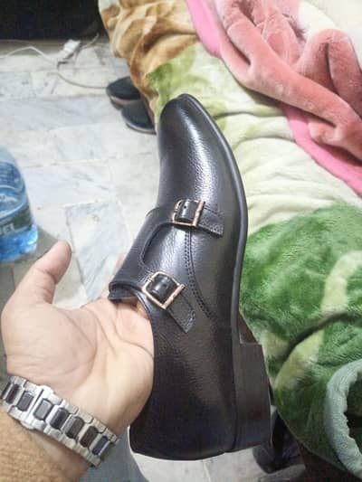 black leather double monk strap shoe