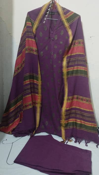 Jacquard branded khaddar with shawl duppata three piece dress for sale
