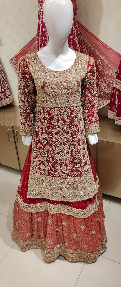 Royal Crimson & Gold Bridal long flared Lehenga-Kameez Set