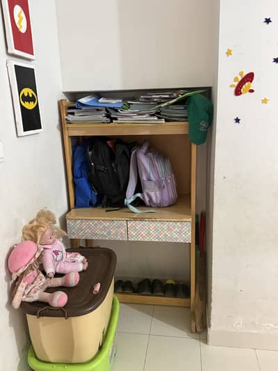 Queen size bed with mattress along with oak almira and reading table