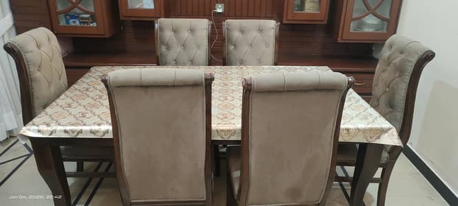 6 Seater Wooden Dining Table with Glass Top – Excellent Condition