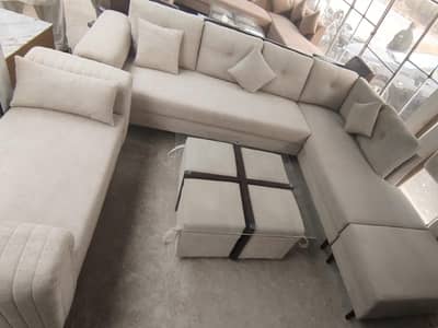L shaped Sofa with Deewan, Center Table & Stools