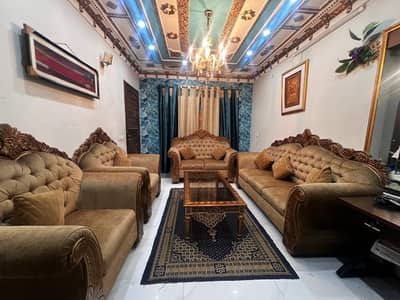 7 seater golden wooden sofa set in good condition