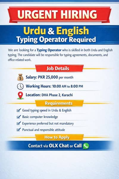 Urdu English Typist required