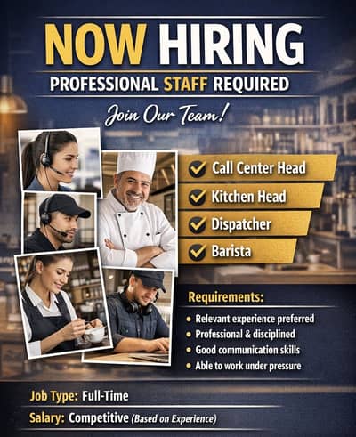 Kitchen head , Barista , Dispatcher , call center supervisor required