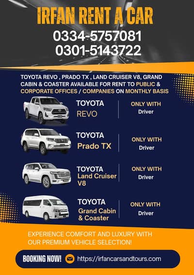 Rent A Car Coaster Bus Grand Cabin Hiace Prado Fortuner V8 Car Rental