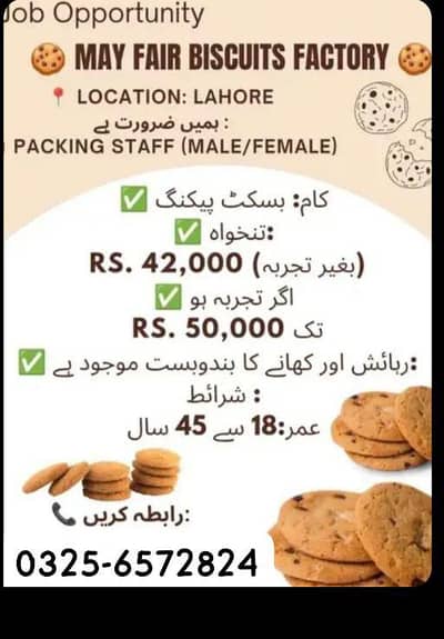 Biscuit packing job Lahore male female morning