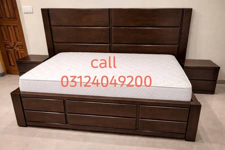 wooden bed with two side tables  call 03124049200