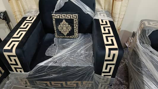 Luxury Black & Golden 1, 2, 3 Sofa Set with Mirror Center Table.