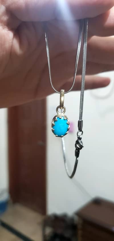 100% Original Feroza stone chandi + steel chain necklace