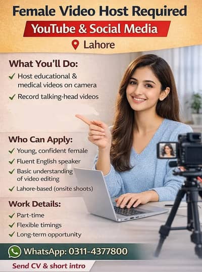 Female Youtube Video blog Content Presenter, Part Time, English Fluent