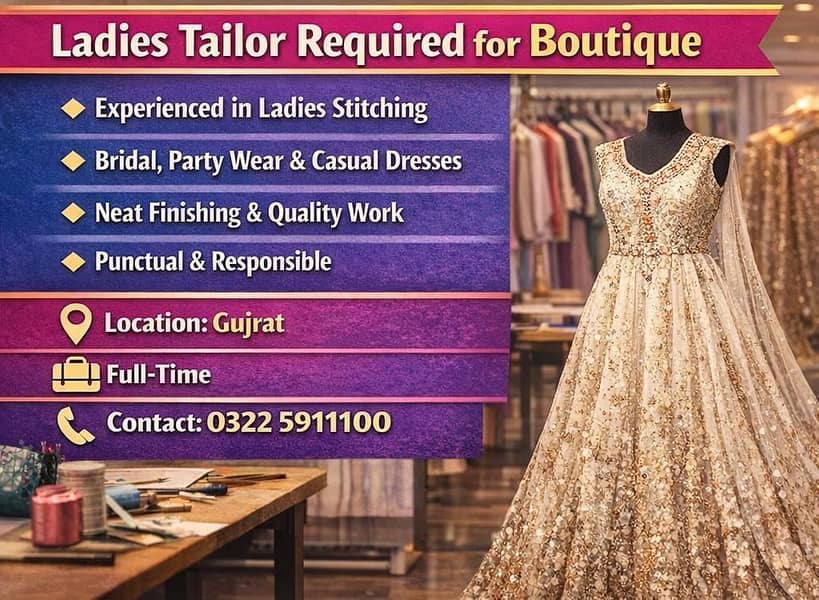 Ladies Tailor Required for Boutique – Full Time – Gujrat 0