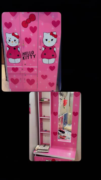 Blue Double bed set and almari and pink almari dressing table