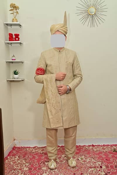 Peach Color Sherwani with matching Kulla Khussa Kurta Pajama
