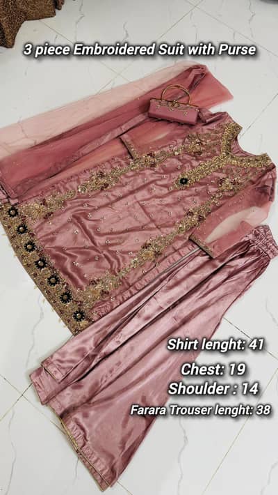 3 piece suit Embroidered dress with Purse in Rosy Pink Color