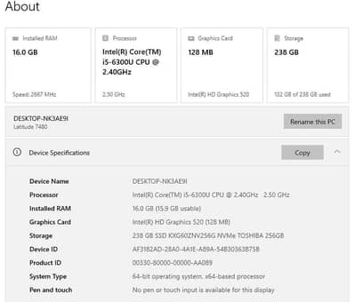 Dell Latitude 7480 | 16GB RAM | 256GB NVME SSD | i5 6th Gen | FHD Disp