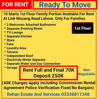 10Marla Independent 1st Floor For Rent At Link Mozang Road Lahore