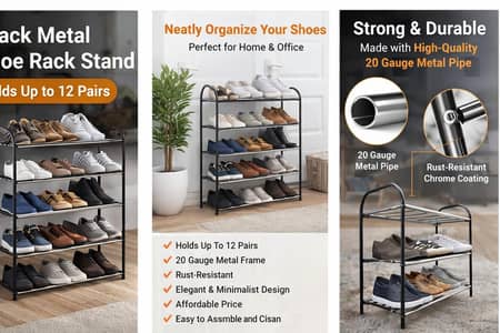 Black Metal Shoe Rack Stand - Holds Up To 12 Pairs,Rust Resistant Dura
