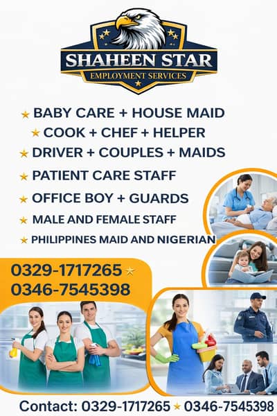 House maids, Maid, Baby Sitter, Chef, Home Cook, Patient Care, Driver