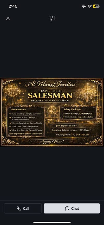Sales man Required For Jewellery shop