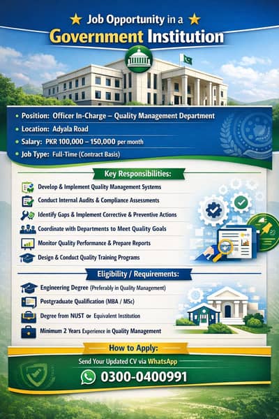 Officer In-Charge – Quality Management (G. o. v. t Institution)