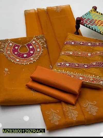 3pcs women's unstitched Fancy organza cut wark embroidered suit