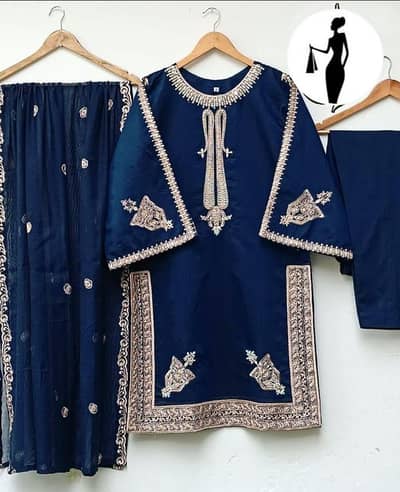 3 Pcs Women's Stitched Embroidered Suit