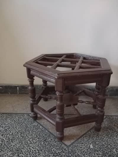 wooden center table with set of 2 side tables with coloured glass tops