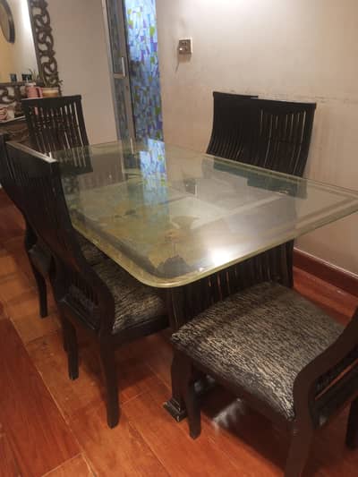 Dining Table Wooden+Glass-6 Seater