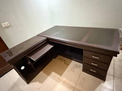 Executive wooden office table with computer side rack and chair