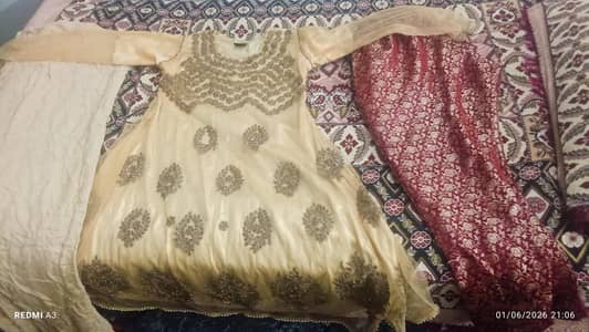Elegant 3-Piece Party Wear Frock Dress – Light Golden | Barely Used