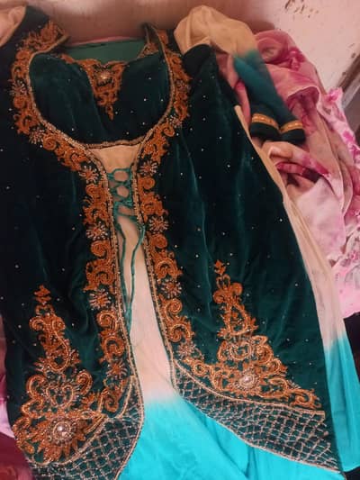 Preloved Bottle Green Velvet Embroidered Party Wear Dress 