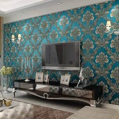 3D wallpaper w PVC panels wooden floor glass paper roller blinds