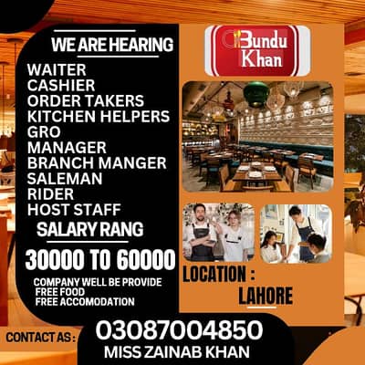 Staff Required waiter,Ordertaker,Cashier,Supervisor,Manger, Helper