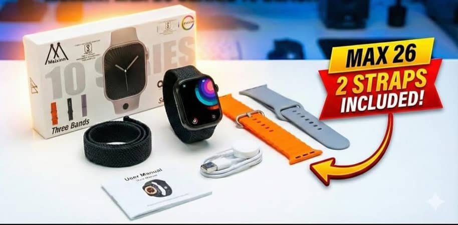 Maxinn Max 26 Series 10 Smartwatch USA Original 3 Bands Included (Black, Orange, Grey) - Fitness Tracker & Smart Notifications