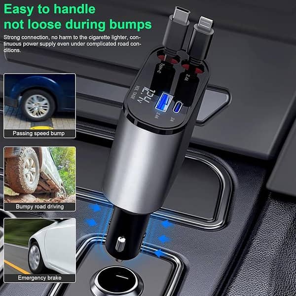 AutoSky USA ORIGINAL 100% 4-in-1 100W Super Fast Retractable Car Charger with USB-C & Lightning Cables - Built-in 80cm Cords & Voltage Display